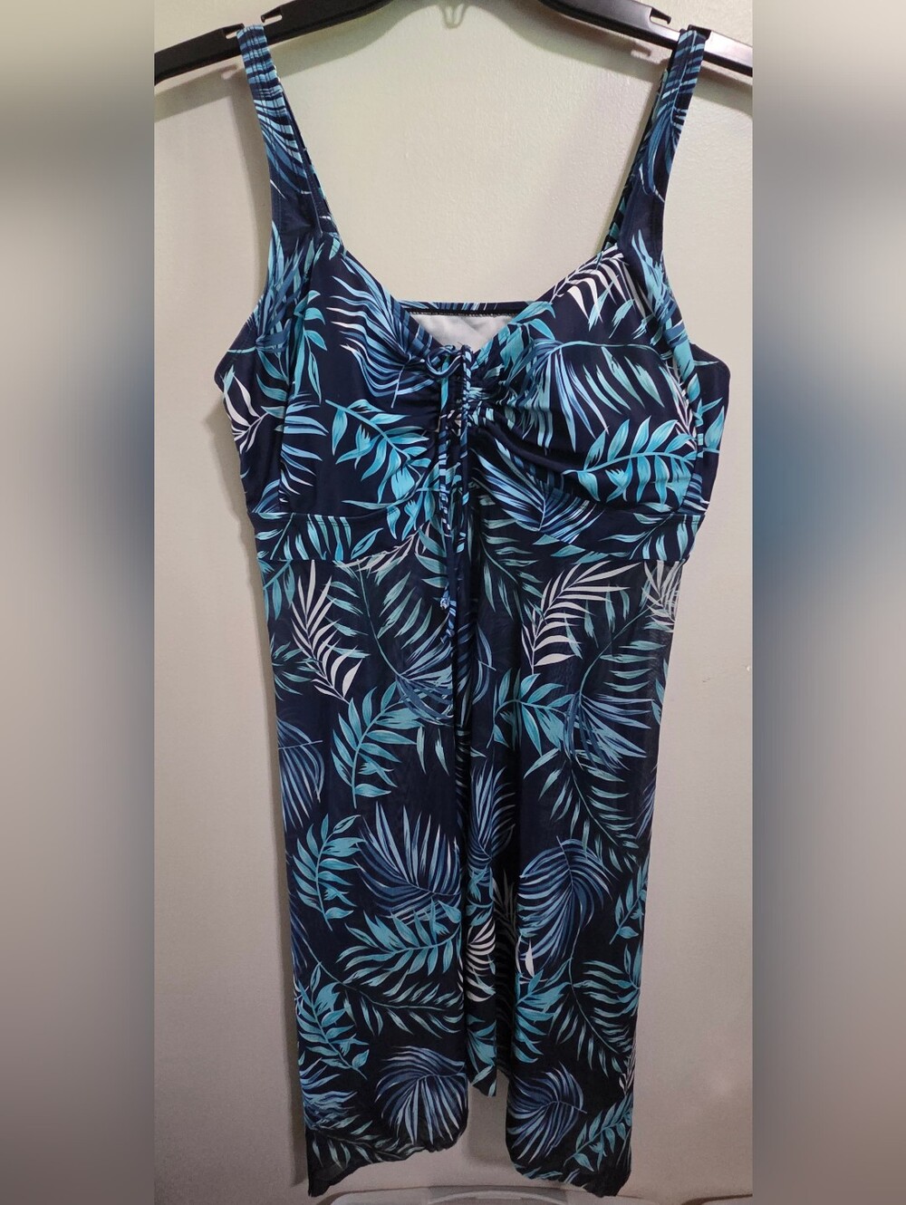 Navy Tropical Leaf One-Piece Swim Top with Tie Front
